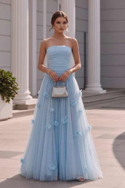 Strapless Tulle Evening Dresses with 3D Flowers Sleeveless Floral Floor-Length Party Dresses