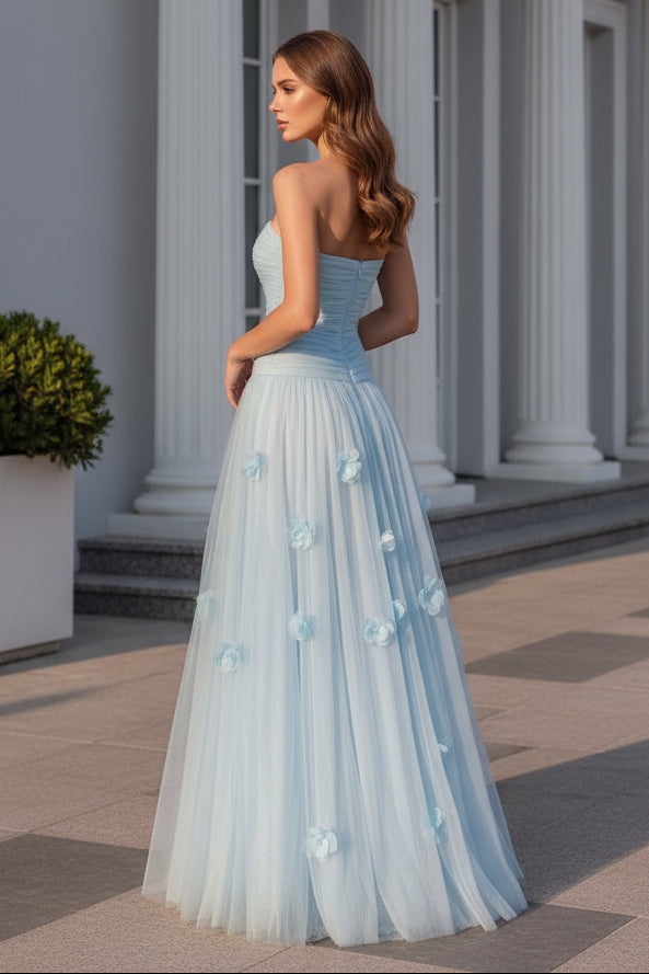 Strapless Tulle Evening Dresses with 3D Flowers Sleeveless Floral Floor-Length Party Dresses