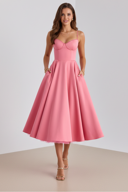 Spaghetti Straps Sleeveless A-Line Tea-Length Evening Dress