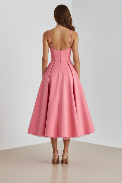 Spaghetti Straps Sleeveless A-Line Tea-Length Evening Dress