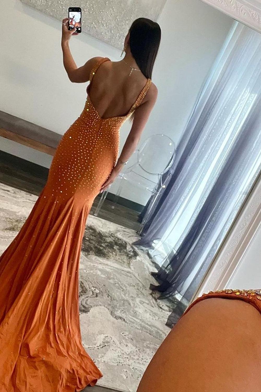 Mermaid Prom Dress Deep V Neck Delicate Beaded Satin Long Evening Dress