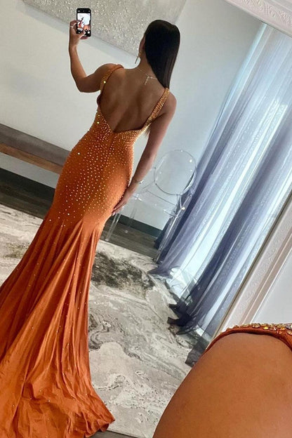 Mermaid Prom Dress Deep V Neck Delicate Beaded Satin Long Evening Dress