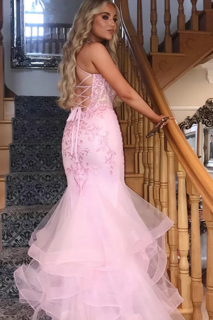 Mermaid Bateau Lace Up Appliques Pink Prom Dress With Tulle Train
