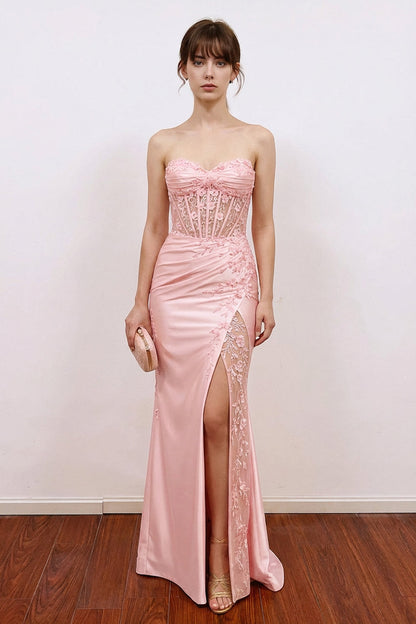 Mermaid Corset Bodic Split Pink Prom Dress Formal Gown with Appliques