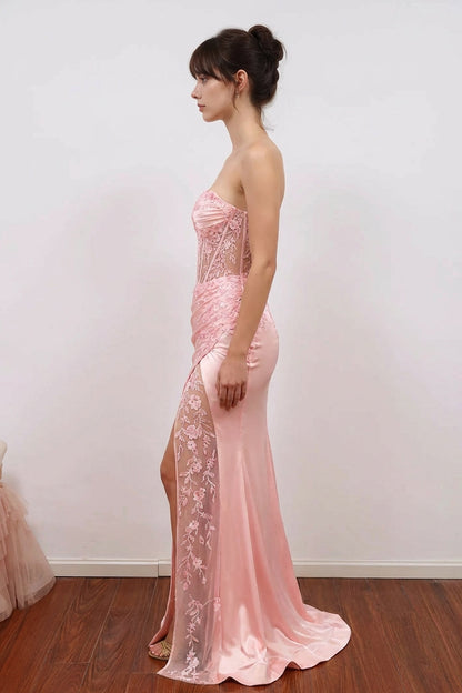 Mermaid Corset Bodic Split Pink Prom Dress Formal Gown with Appliques