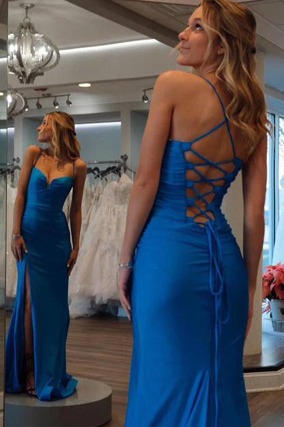 Mermaid Spaghetti Straps Royal Blue Prom Dress With Split