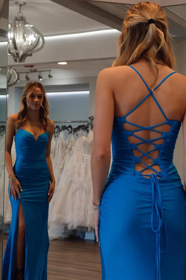 Mermaid Spaghetti Straps Royal Blue Prom Dress With Split