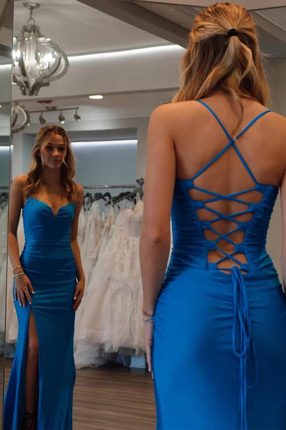Mermaid Spaghetti Straps Royal Blue Prom Dress With Split