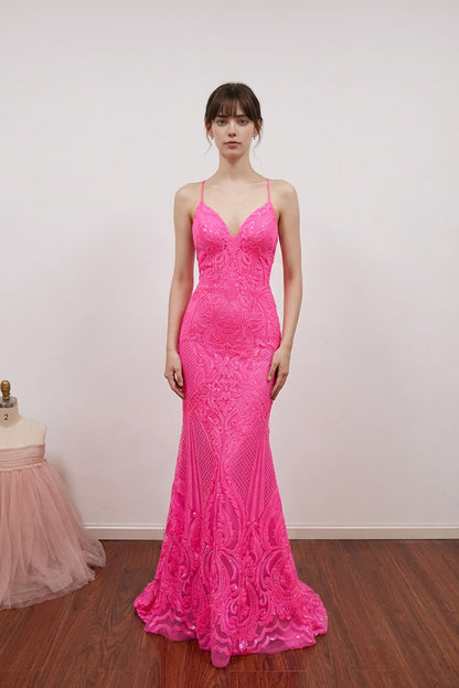 Mermaid Spaghetti Straps V Neck Lace Pink Prom Dress Formal Gown