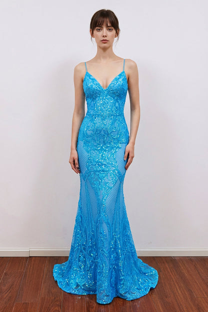 Mermaid Spaghetti Straps V Neck Lace Pink Prom Dress Formal Gown