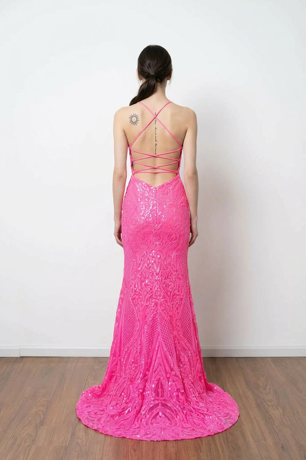 Mermaid Spaghetti Straps V Neck Lace Pink Prom Dress Formal Gown