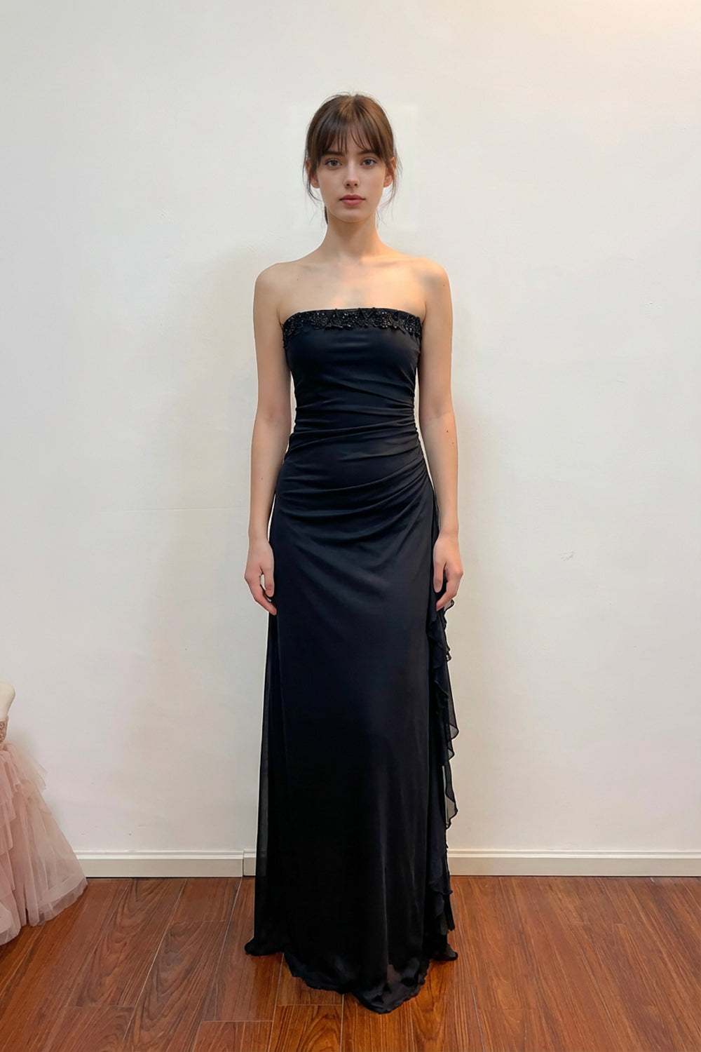 Mermaid Strapless Empire-Waist Pleats Appliques Black Prom Dress