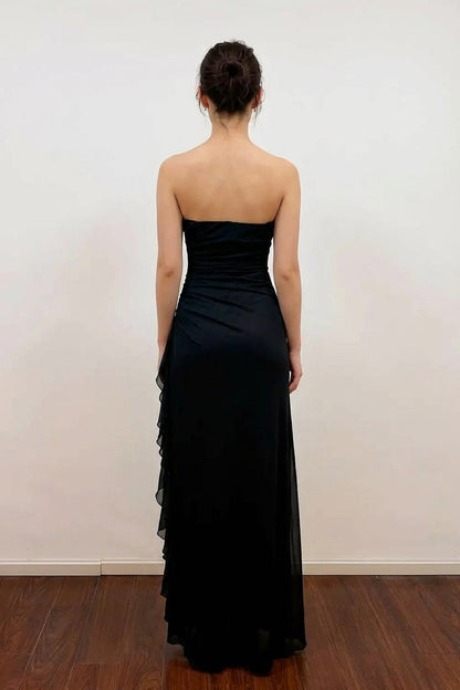 Mermaid Strapless Empire-Waist Pleats Appliques Black Prom Dress