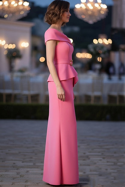 Off the Shoulder Pink Sleeveless Belt Mermaid Evening Dress