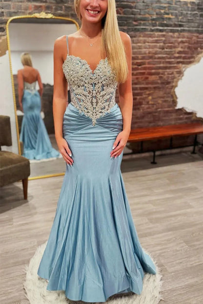 Mermaid Spaghetti Straps Appliques Pleated Blue Prom Dress