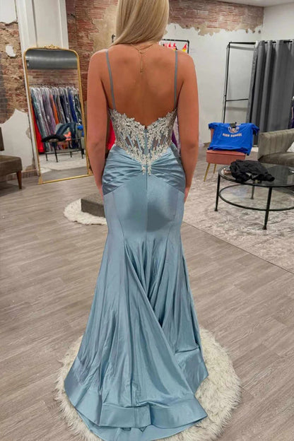 Mermaid Spaghetti Straps Appliques Pleated Blue Prom Dress