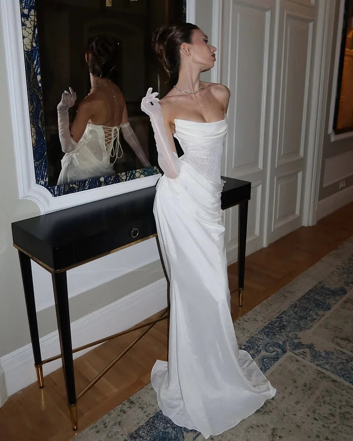 White Straight Across Mermaid Prom Dress With Tulle Gloves