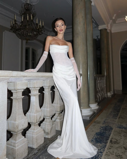 White Straight Across Mermaid Prom Dress With Tulle Gloves