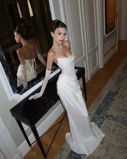 White Straight Across Mermaid Prom Dress With Tulle Gloves