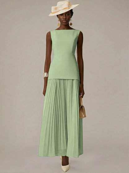 White A Line Chiffon Round Neck Sleeveless Floor Length Dresses