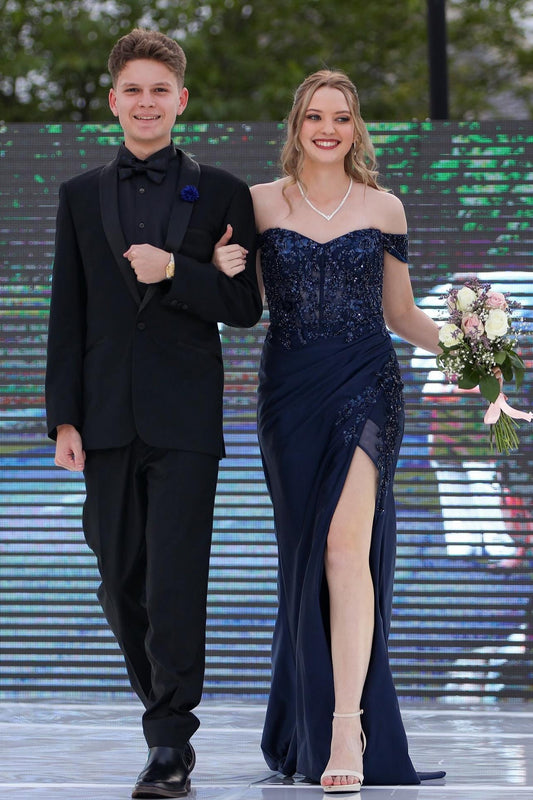 Navy Blue Sequin Appliques Long Dress with Slit