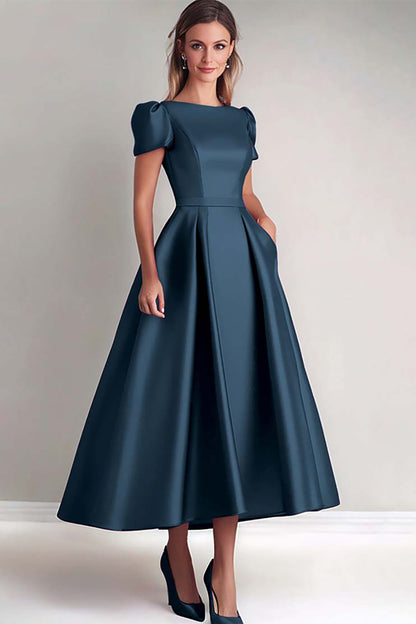 Black A Line Mother of the Bride Dress with Puff Sleeves
