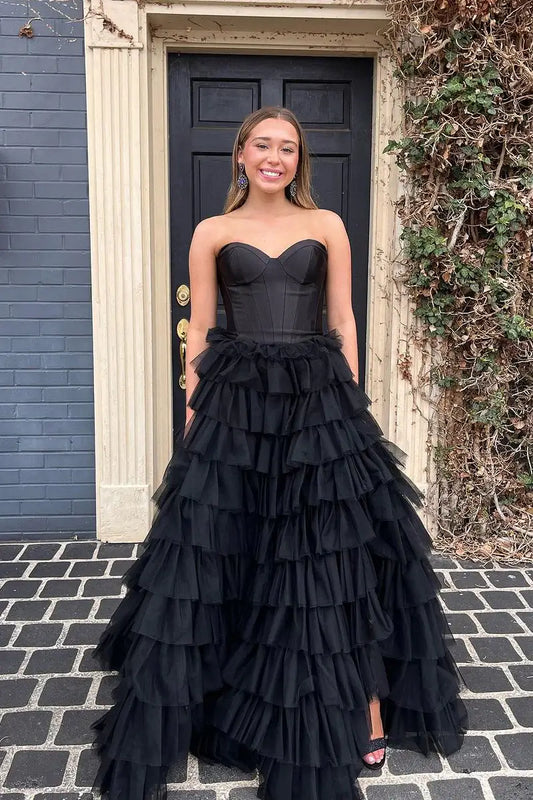 New Design Strapless Ruffles Prom Dress 2026 Tulle Long Formal Gown