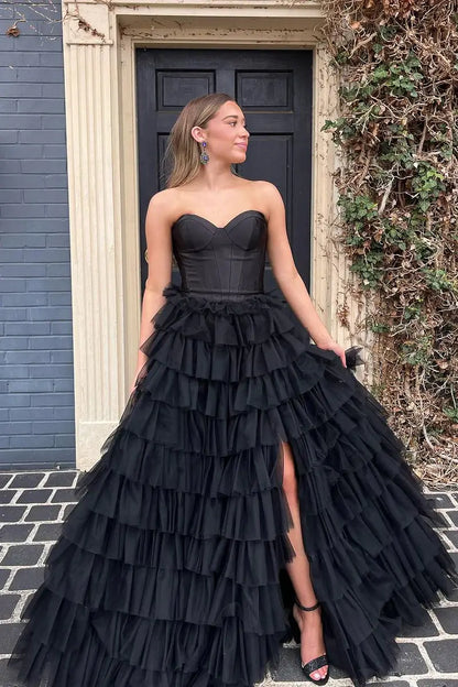 New Design Strapless Ruffles Prom Dress 2026 Tulle Long Formal Gown
