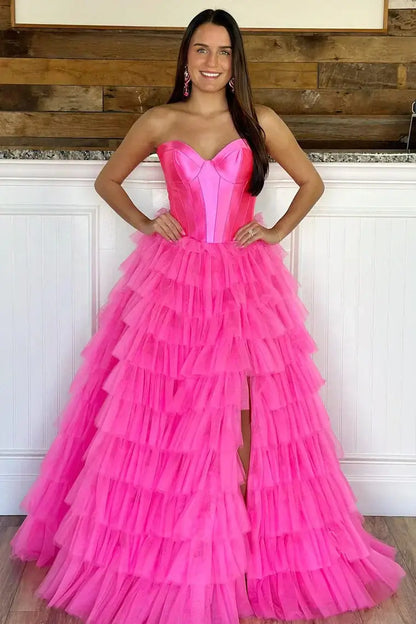 New Design Strapless Ruffles Prom Dress 2026 Tulle Long Formal Gown
