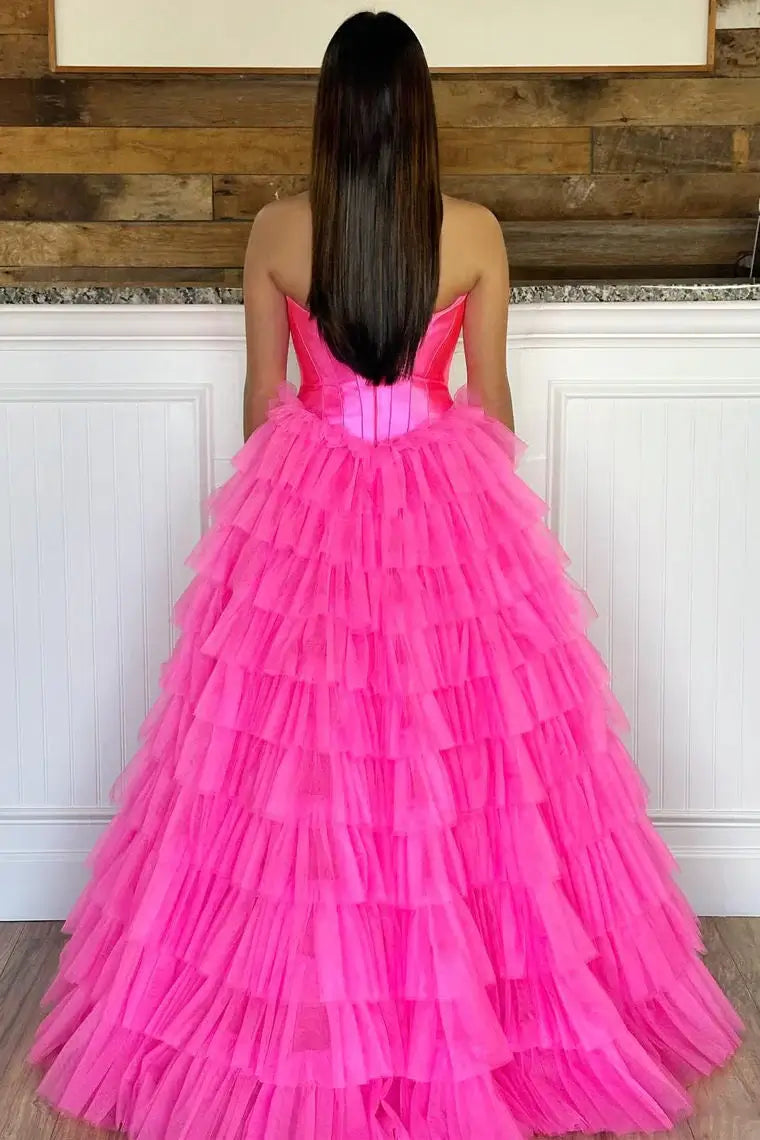 New Design Strapless Ruffles Prom Dress 2026 Tulle Long Formal Gown