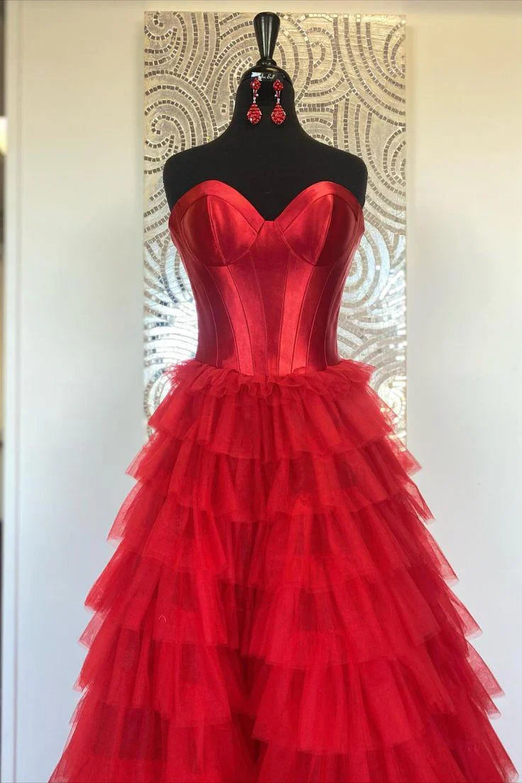 New Design Strapless Ruffles Prom Dress 2026 Tulle Long Formal Gown
