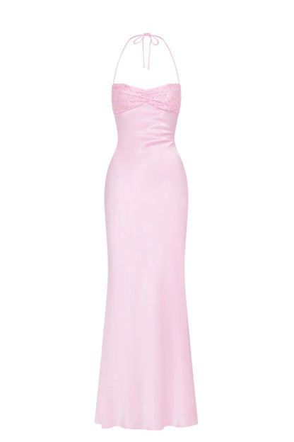 Halter Light Blue Satin Fitted Long Formal Dress