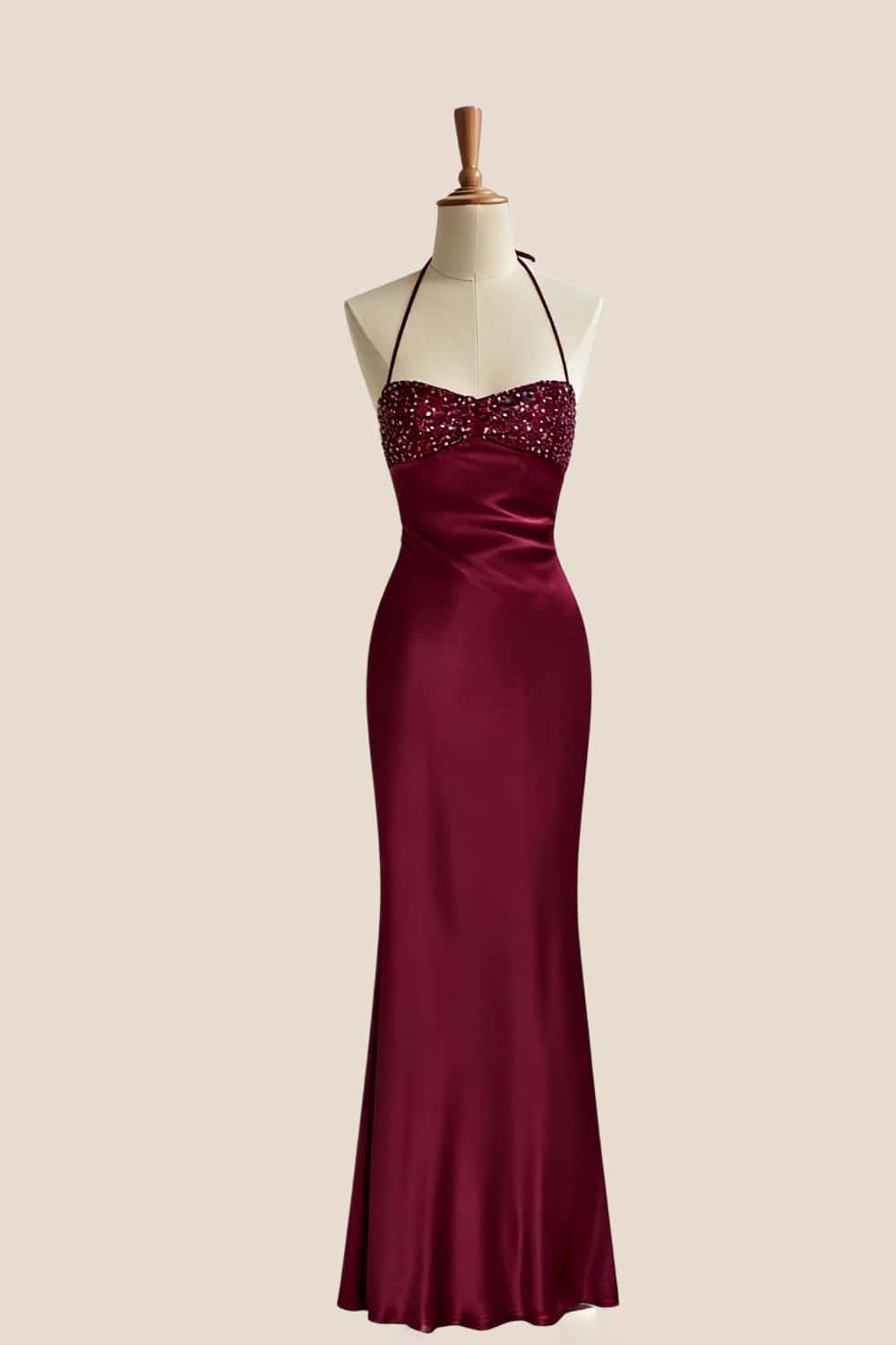 Halter Light Blue Satin Fitted Long Formal Dress