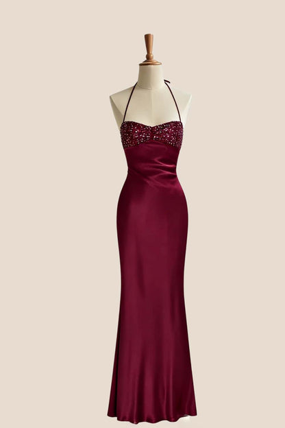 Halter Light Blue Satin Fitted Long Formal Dress