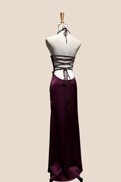 Halter Light Blue Satin Fitted Long Formal Dress