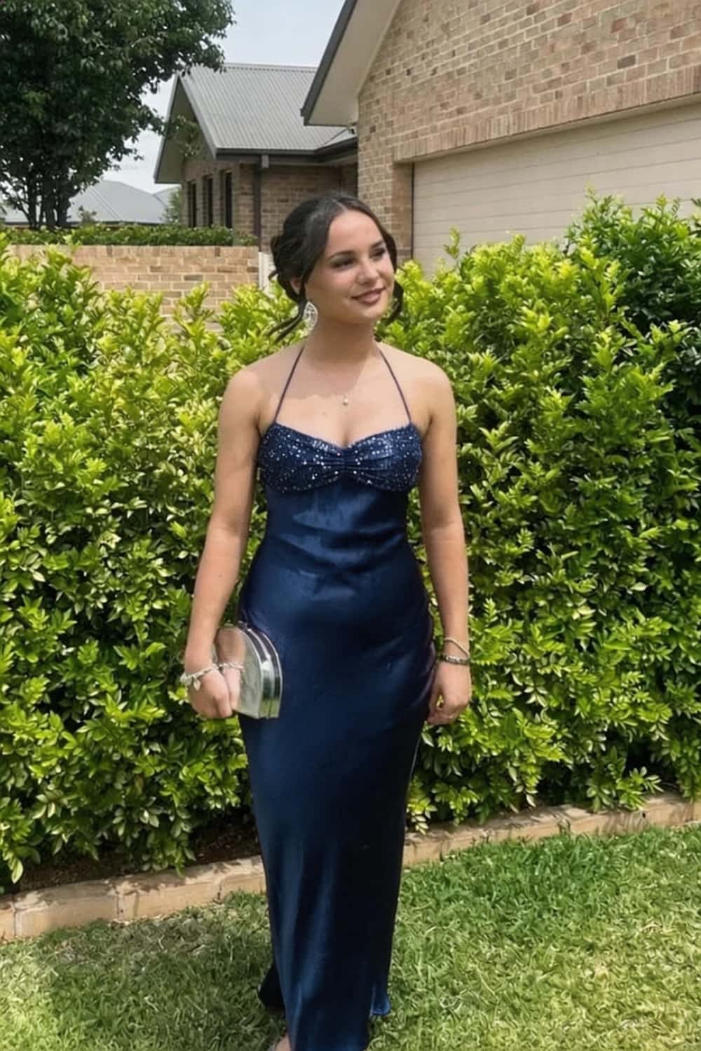 Halter Light Blue Satin Fitted Long Formal Dress