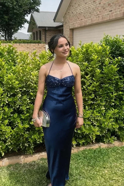 Halter Light Blue Satin Fitted Long Formal Dress
