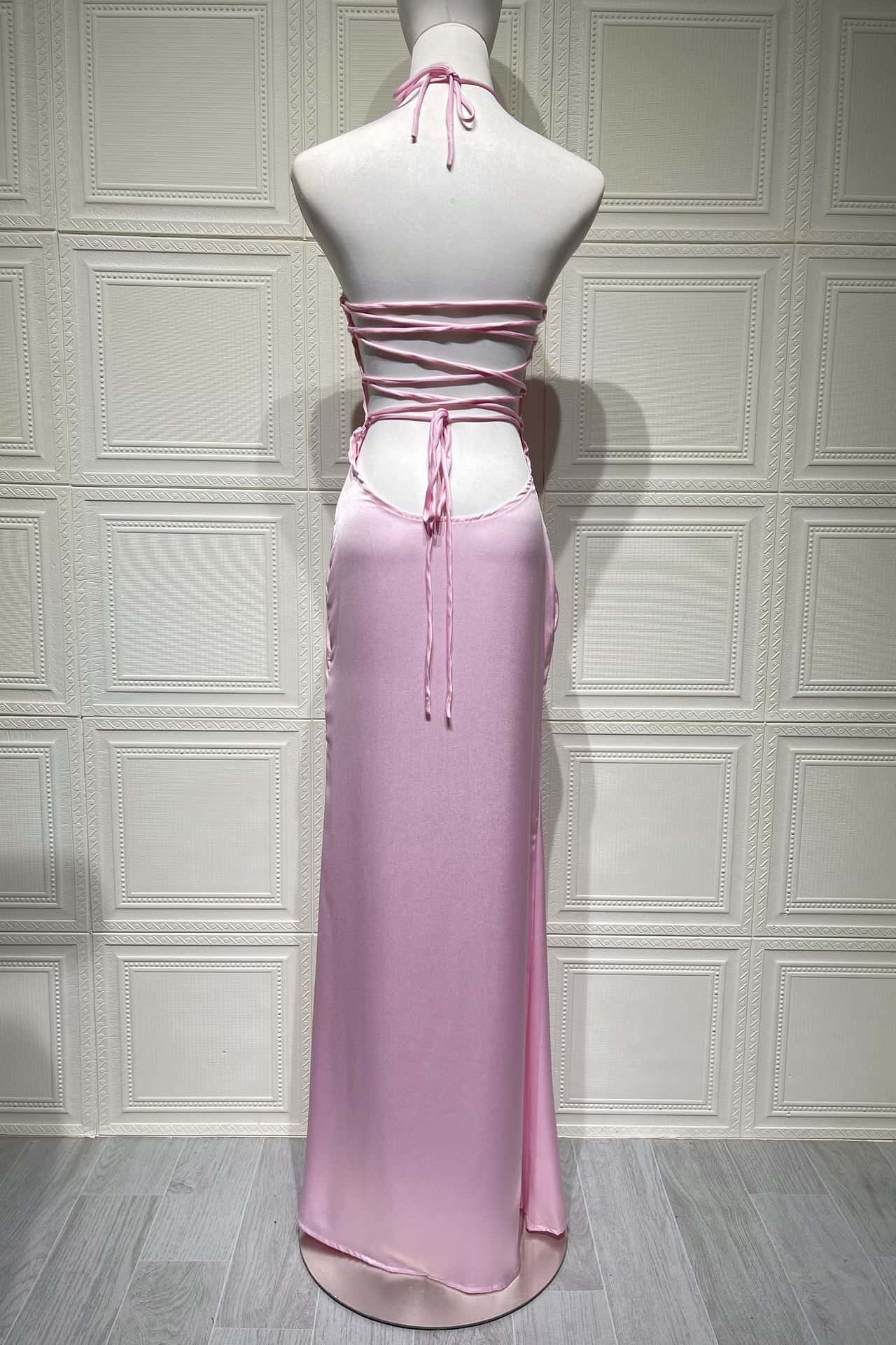 Halter Light Blue Satin Fitted Long Formal Dress