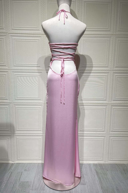 Halter Light Blue Satin Fitted Long Formal Dress