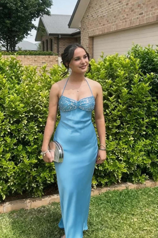 Halter Light Blue Satin Fitted Long Formal Dress