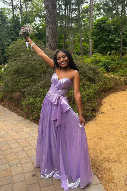 Sweetheart Ruched Purple Bow A-line Floor-Length Prom Dress
