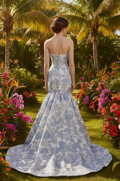 Bow Sweetheart Front Blue Flowers Mermaid Prom Dress