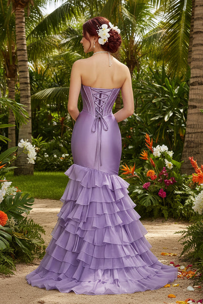 Sweetheart Lavender Sleeveless Mermaid Tassel Ruffle Prom Dress
