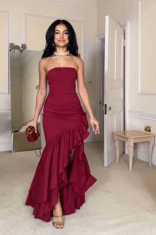 Strapless Burgundy Mermaid Ruffle Mermaid Side Slit Prom Dress