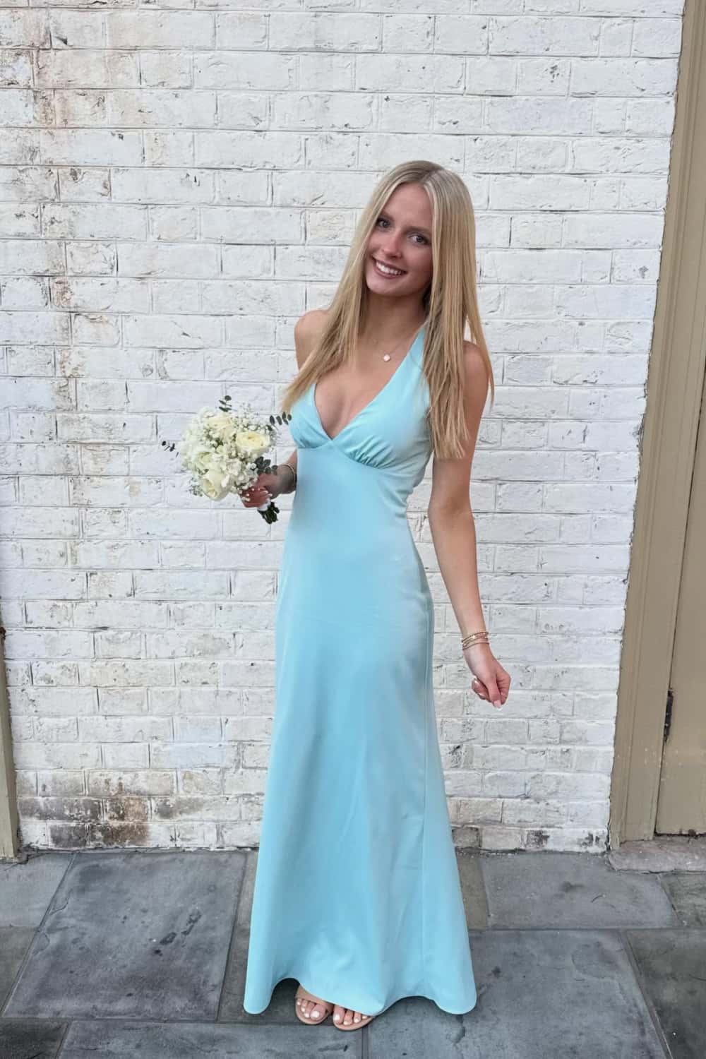V Neck Light Blue Sleeveless Mermaid Backless Prom Dress