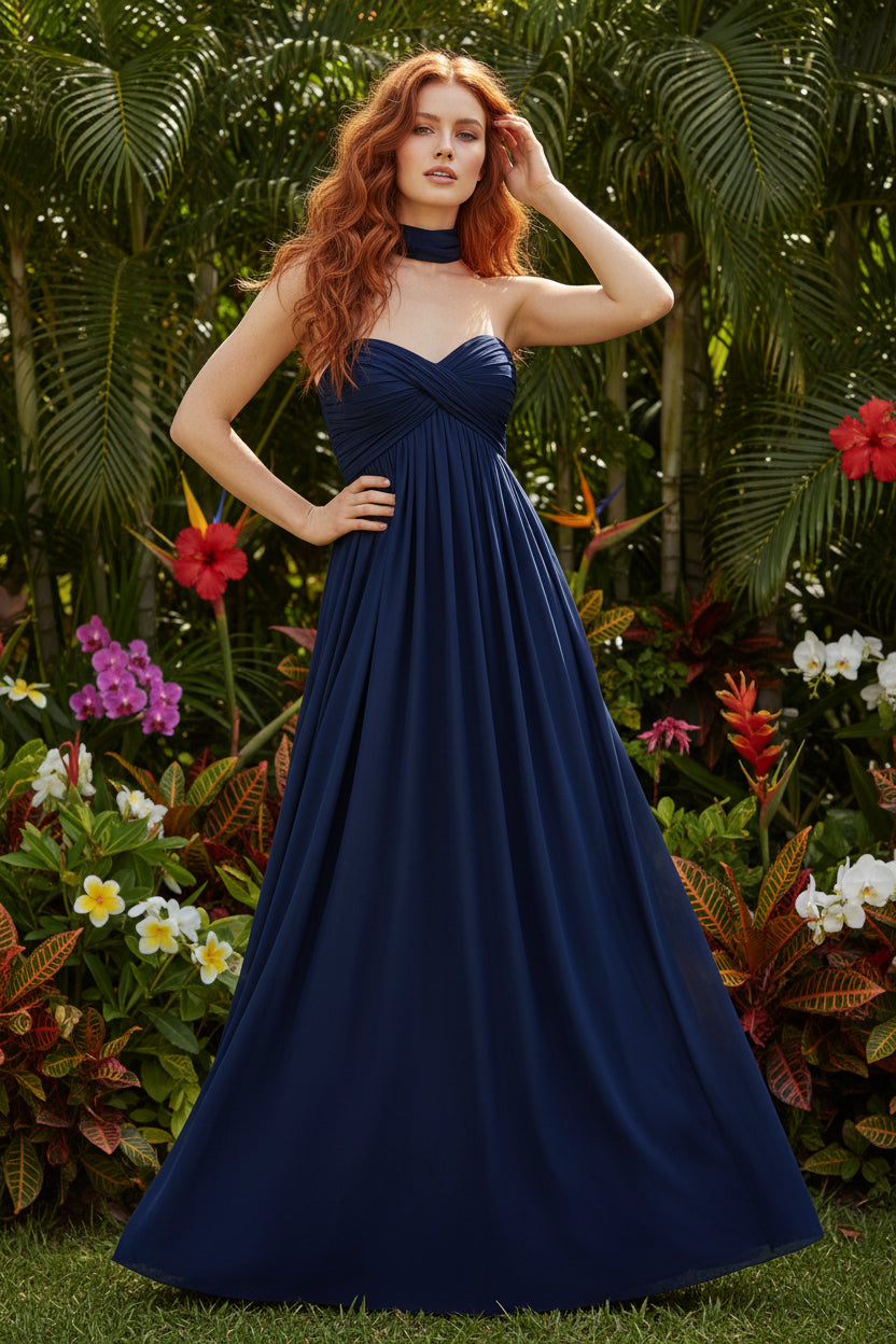 Blue Sweetheart Chiffon Sleeveless A-Line Floor-Length Prom Dress
