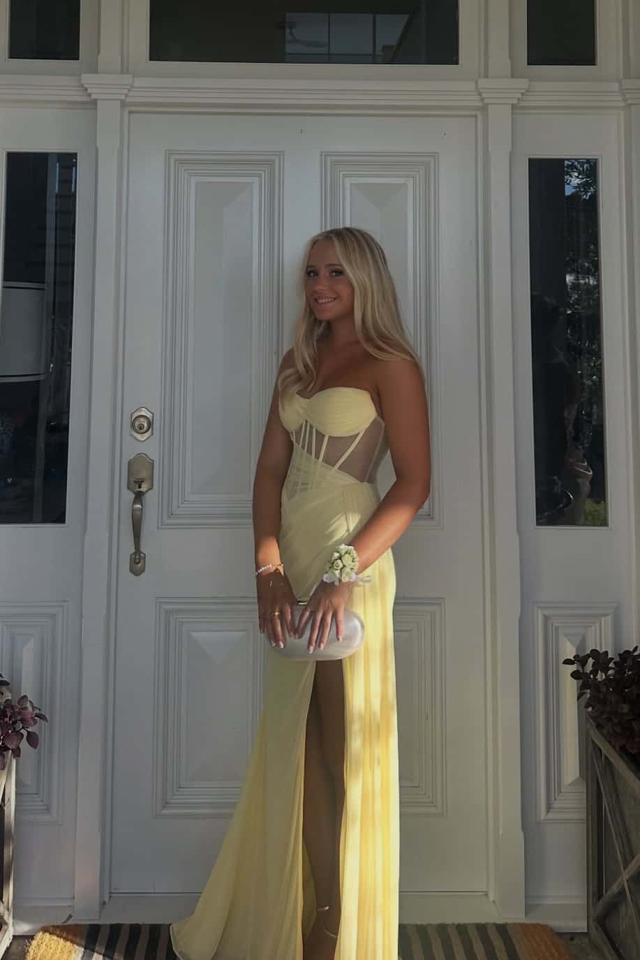 Yellow Sheer Sleeveless Ruched Slit Long Prom Dress
