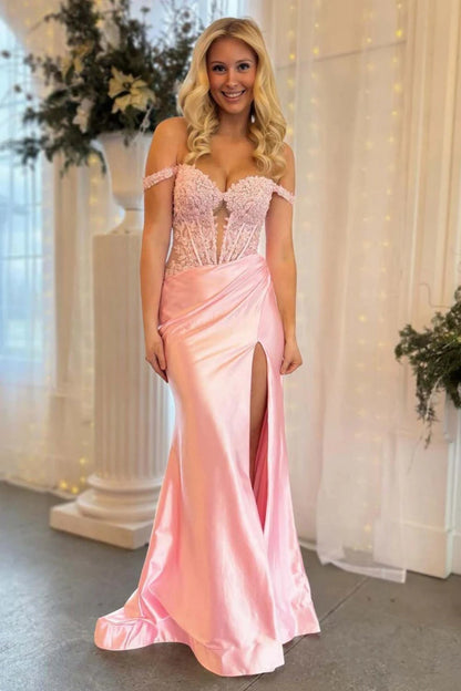 Off the Shoulder Light Pink Mermaid Lace Prom Dresses Light Pink Mermaid Lace