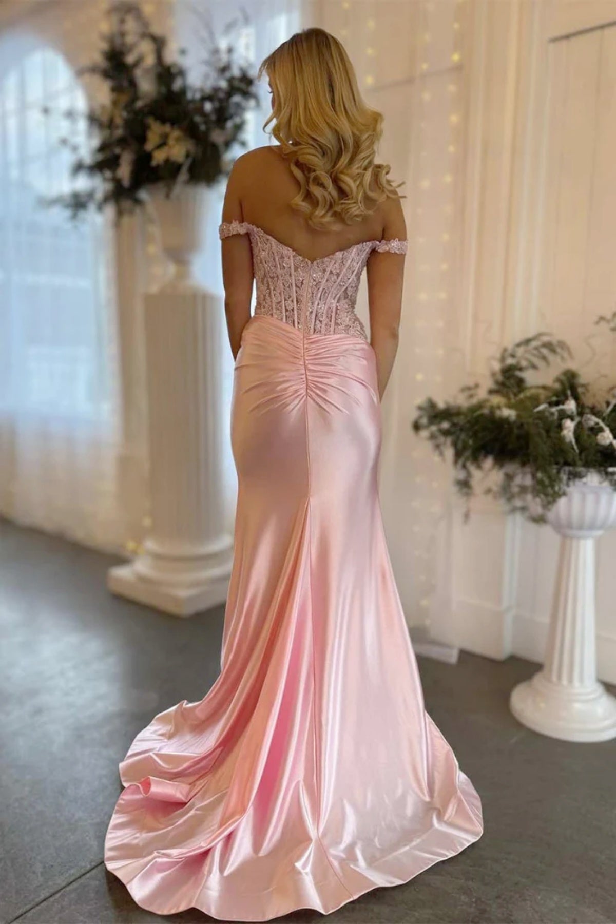 Off the Shoulder Light Pink Mermaid Lace Prom Dresses Light Pink Mermaid Lace