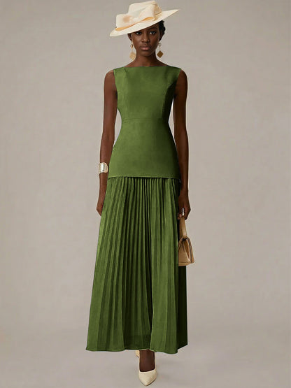 White A Line Chiffon Round Neck Sleeveless Floor Length Dresses